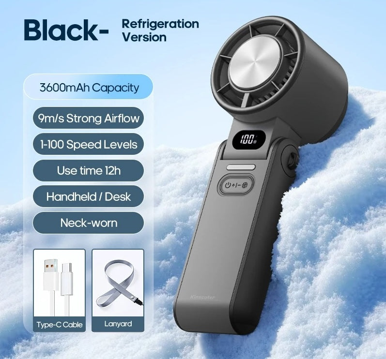 Outdoor Foldable Portable Handheld Fan – Mini Cooling Turbo Fan with Ice‑Cool Technology, 3600mAh Rechargeable Battery, 100‑Level Adjustable Speed, Compact Travel Fan for Work, Study, Sports & Camping