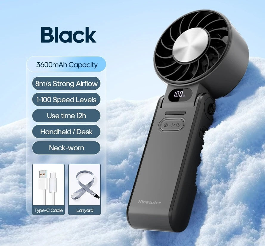 Outdoor Foldable Portable Handheld Fan – Mini Cooling Turbo Fan with Ice‑Cool Technology, 3600mAh Rechargeable Battery, 100‑Level Adjustable Speed, Compact Travel Fan for Work, Study, Sports & Camping