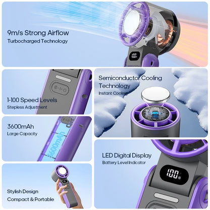 Outdoor Foldable Portable Handheld Fan – Mini Cooling Turbo Fan with Ice‑Cool Technology, 3600mAh Rechargeable Battery, 100‑Level Adjustable Speed, Compact Travel Fan for Work, Study, Sports & Camping