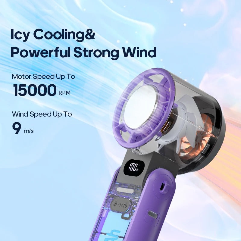 Outdoor Foldable Portable Handheld Fan – Mini Cooling Turbo Fan with Ice‑Cool Technology, 3600mAh Rechargeable Battery, 100‑Level Adjustable Speed, Compact Travel Fan for Work, Study, Sports & Camping