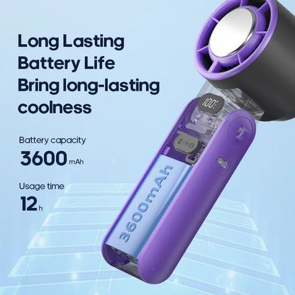 Outdoor Foldable Portable Handheld Fan – Mini Cooling Turbo Fan with Ice‑Cool Technology, 3600mAh Rechargeable Battery, 100‑Level Adjustable Speed, Compact Travel Fan for Work, Study, Sports & Camping