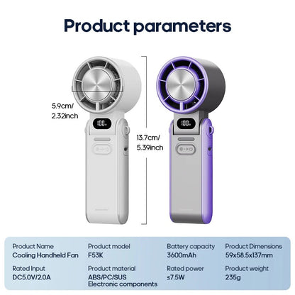 Outdoor Foldable Portable Handheld Fan – Mini Cooling Turbo Fan with Ice‑Cool Technology, 3600mAh Rechargeable Battery, 100‑Level Adjustable Speed, Compact Travel Fan for Work, Study, Sports & Camping