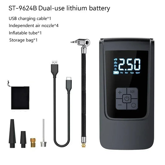 Wireless Air Pump – Portable Electric Tire Inflator with LCD Display, Dual Power (Battery & Plug‑In), 150 PSI Max, 2×2000mAh Rechargeable Battery, Type‑C & Car Charger, for Car, Bike, Motorcycle, Balls & Inflatables